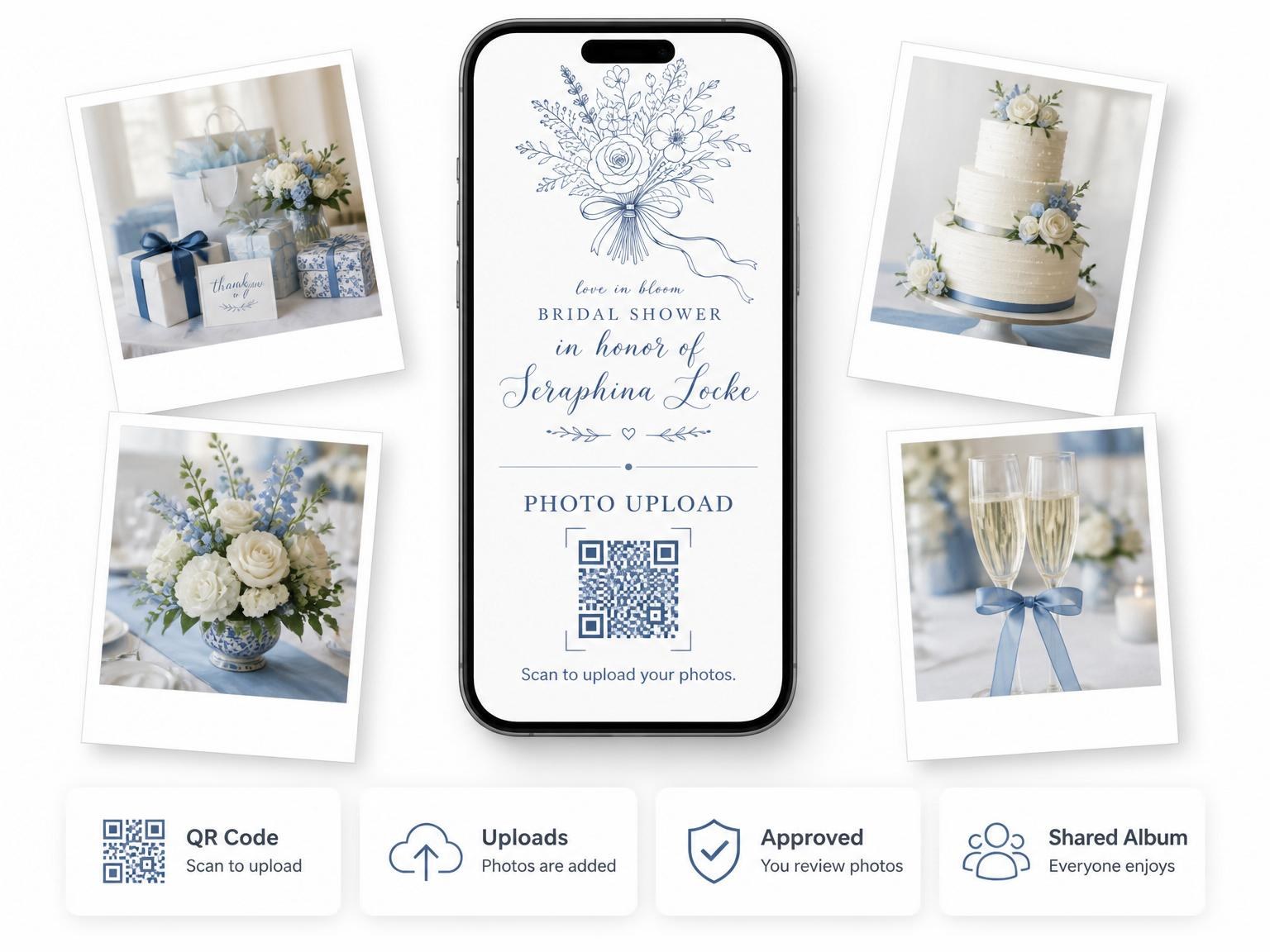 The shared photo gallery that comes with the Deep Blue Ink Floral Bridal Shower invitation