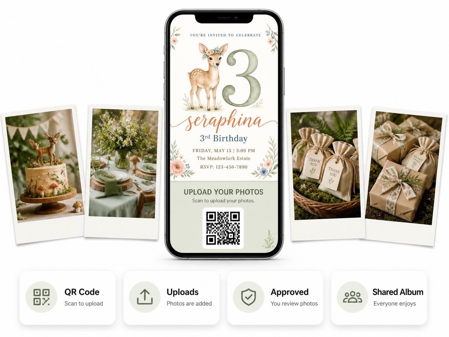 The shared photo gallery that comes with the Watercolor Fawn Floral 3rd Birthday invitation