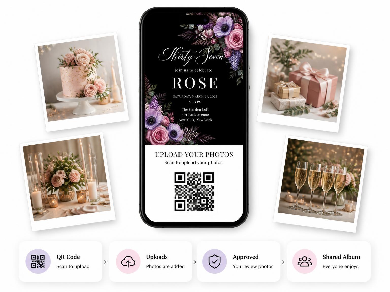 The shared photo gallery that comes with the Black Floral 37th Birthday Invitation invitation