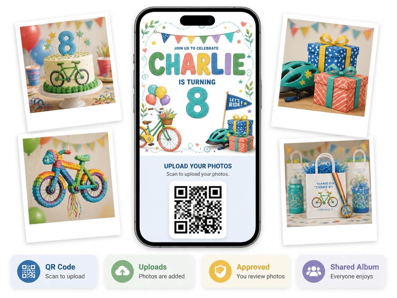 The shared photo gallery that comes with the Stitched Bike Ride 8th Birthday Invitation invitation