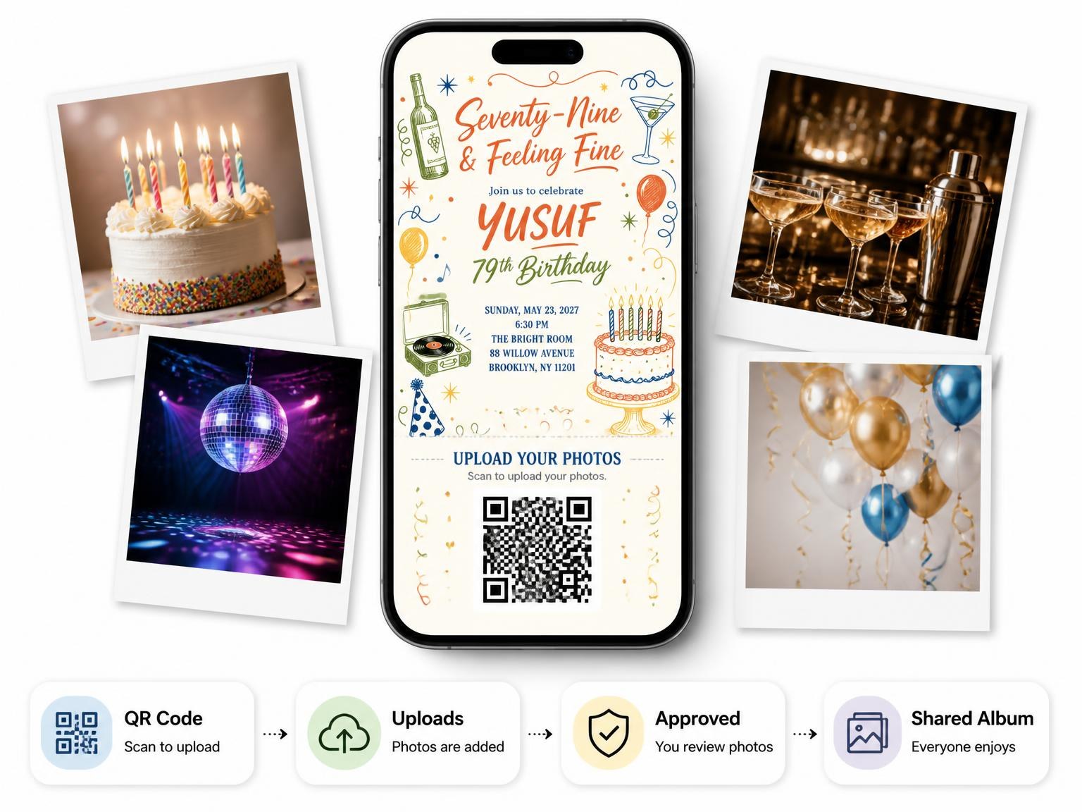 The shared photo gallery that comes with the Retro Doodle 79th Birthday Invitation invitation
