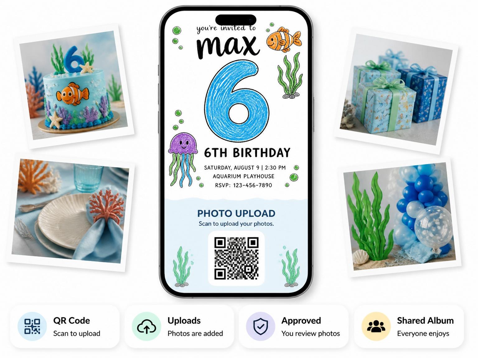 The shared photo gallery that comes with the Crayon Sea-Life 6th Birthday Invitation invitation