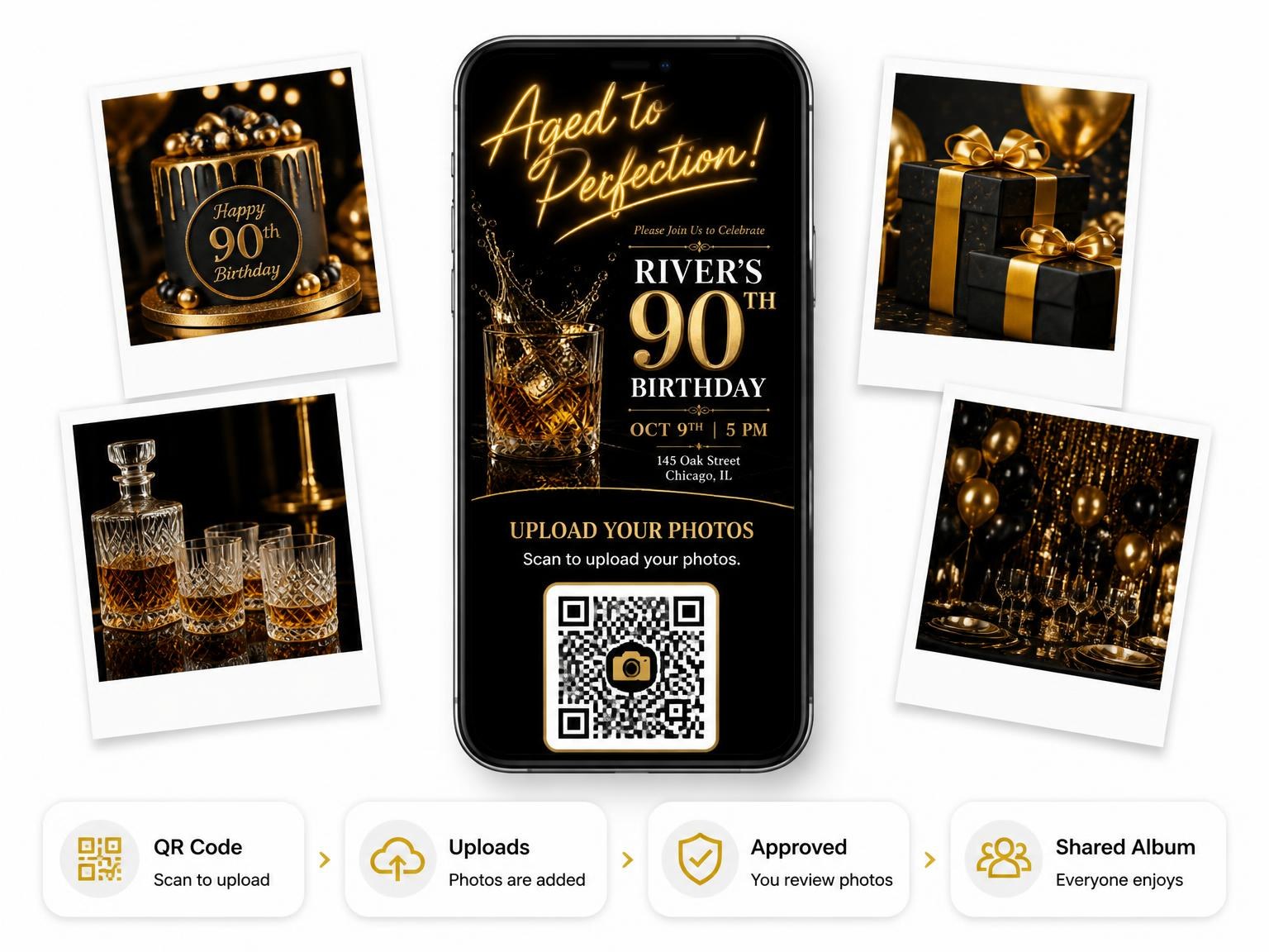 The shared photo gallery that comes with the Whiskey Tumbler 90th Birthday Invitation invitation