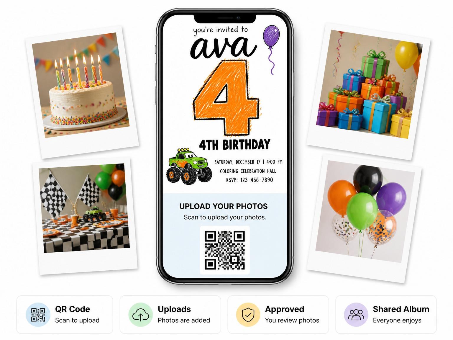 The shared photo gallery that comes with the Crayon Texture Monster Truck Birthday invitation