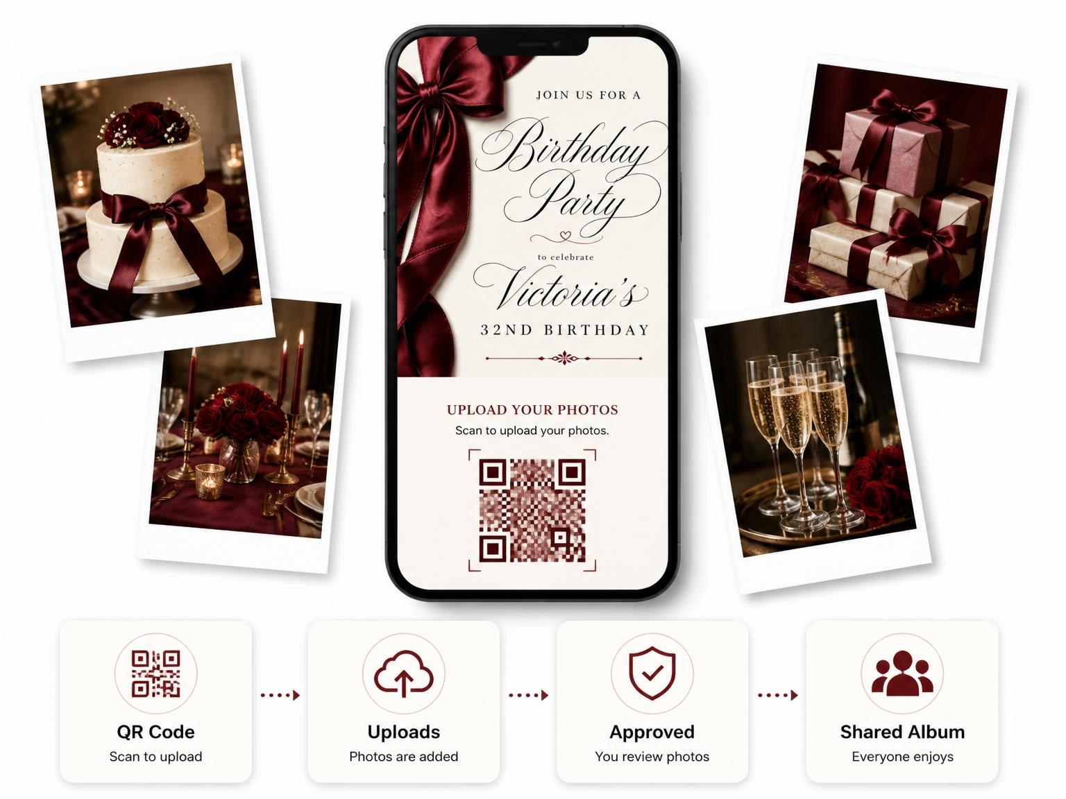 The shared photo gallery that comes with the Burgundy Satin Bow 32nd Birthday Invitation invitation
