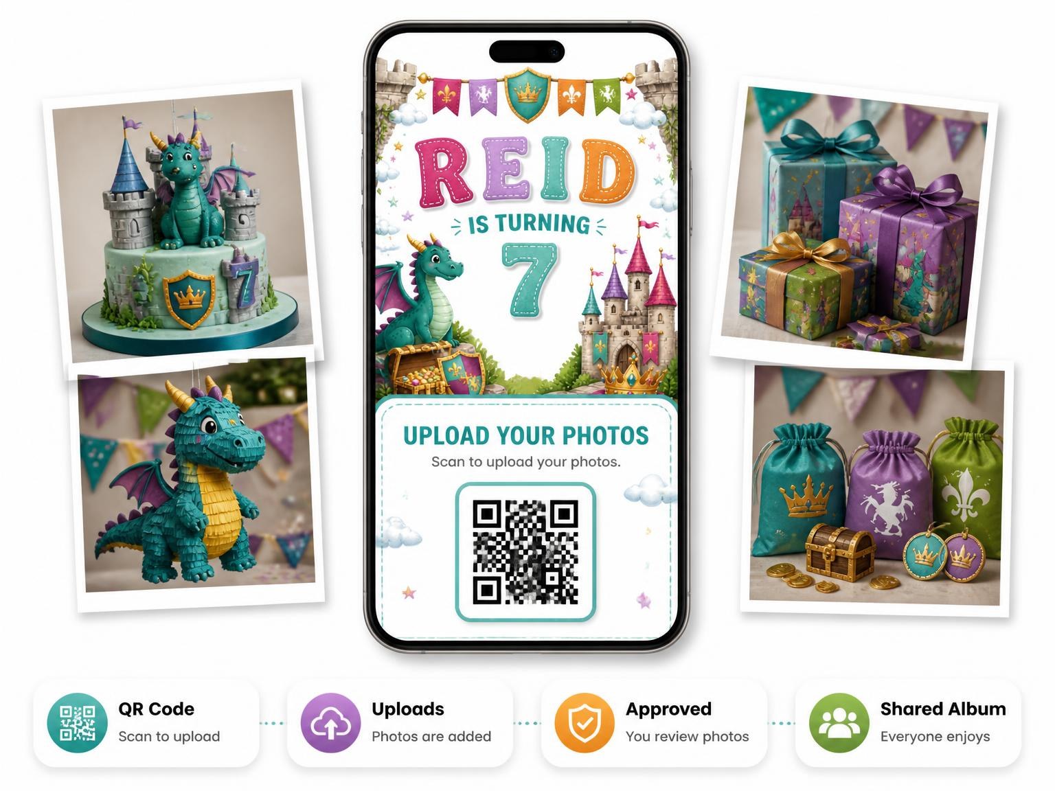 The shared photo gallery that comes with the Stitched Dragon Castle 7th Birthday Invitation invitation