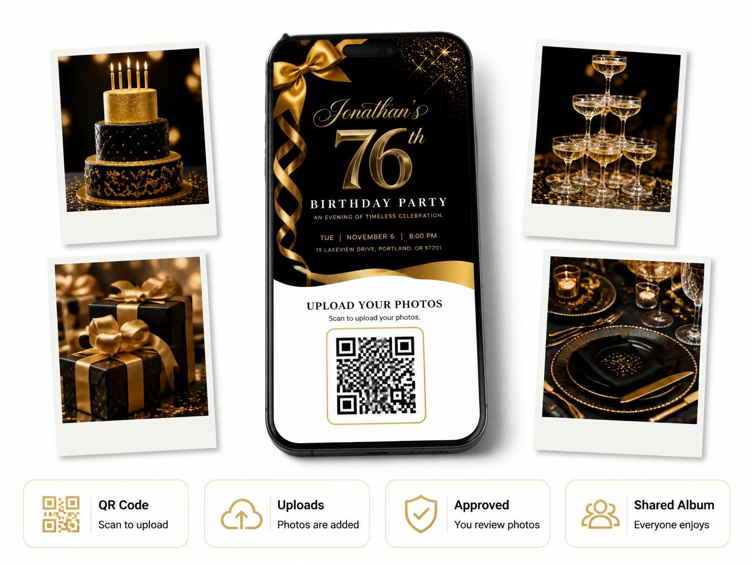 The shared photo gallery that comes with the Black and Gold Ribbon 76th Birthday invitation
