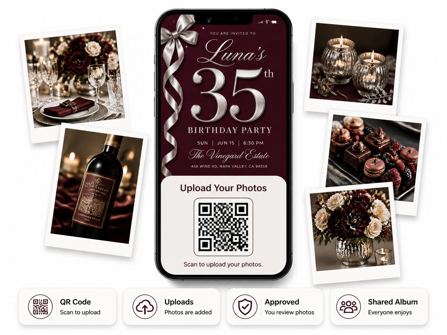 The shared photo gallery that comes with the Burgundy Silver Ribbon 35th Birthday Invitation invitation