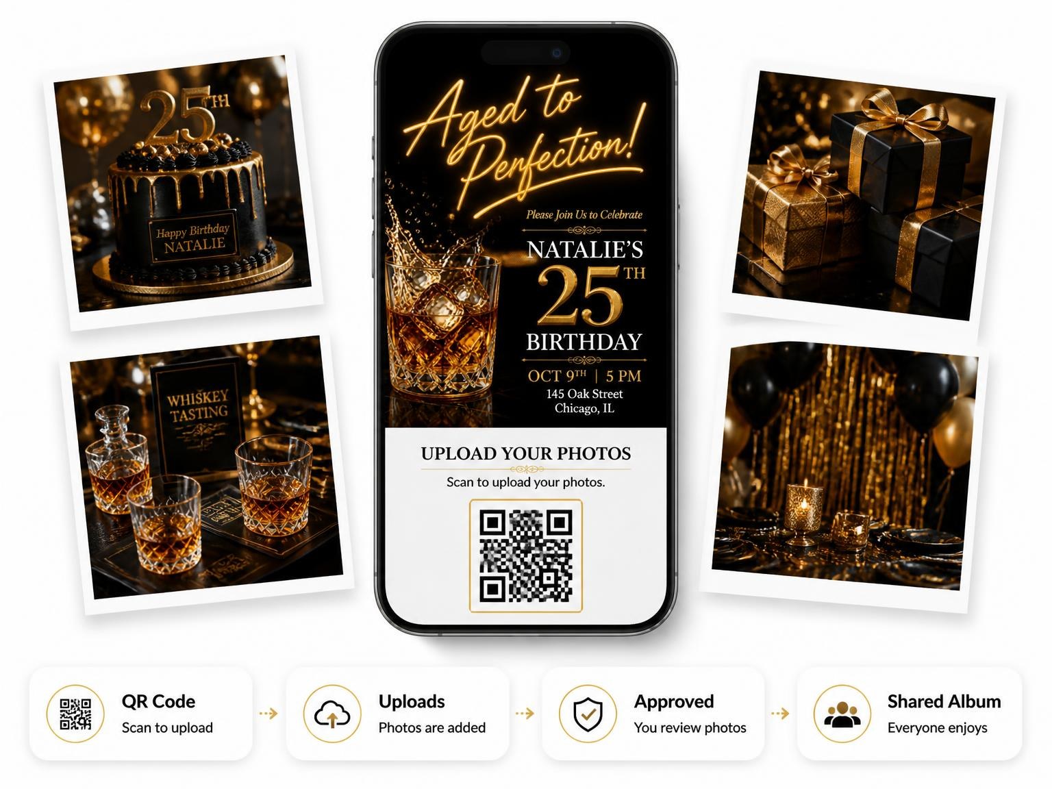 The shared photo gallery that comes with the Marble Surface 25th Birthday Invitation invitation
