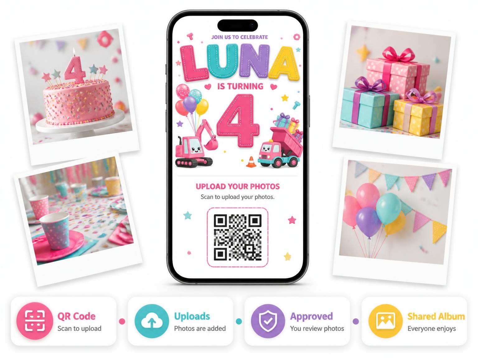 The shared photo gallery that comes with the Pink Construction 4th Birthday Invitation invitation
