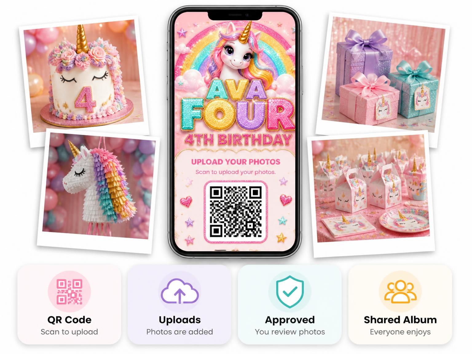 The shared photo gallery that comes with the Glitter Unicorn 4th Birthday Invitation invitation