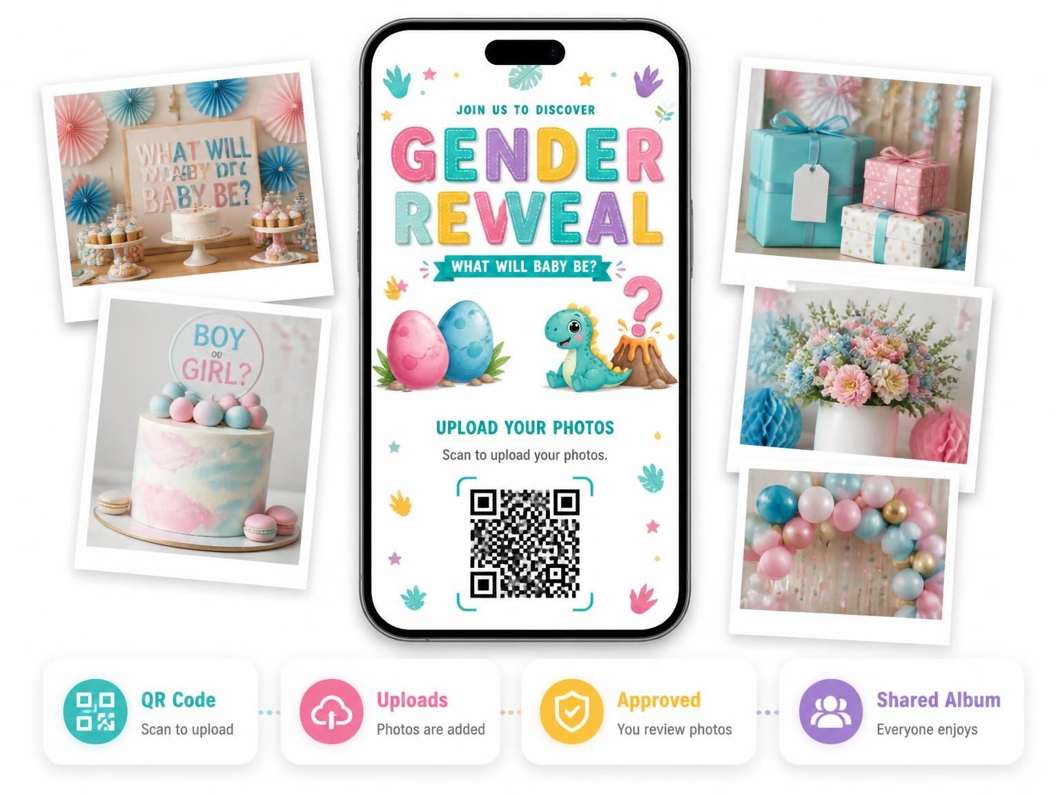 The shared photo gallery that comes with the Dinosaur Eggs Gender Reveal Invitation invitation