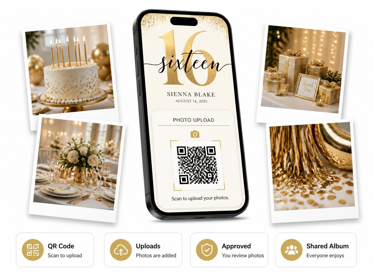 The shared photo gallery that comes with the Gold Foil 16th Birthday Invitation invitation