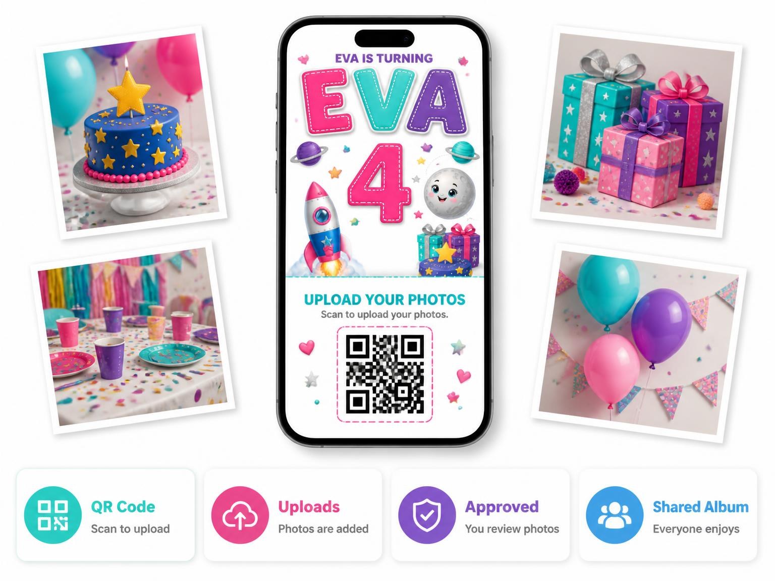 The shared photo gallery that comes with the Stitched Astronaut Girl 4th Birthday Invitation invitation