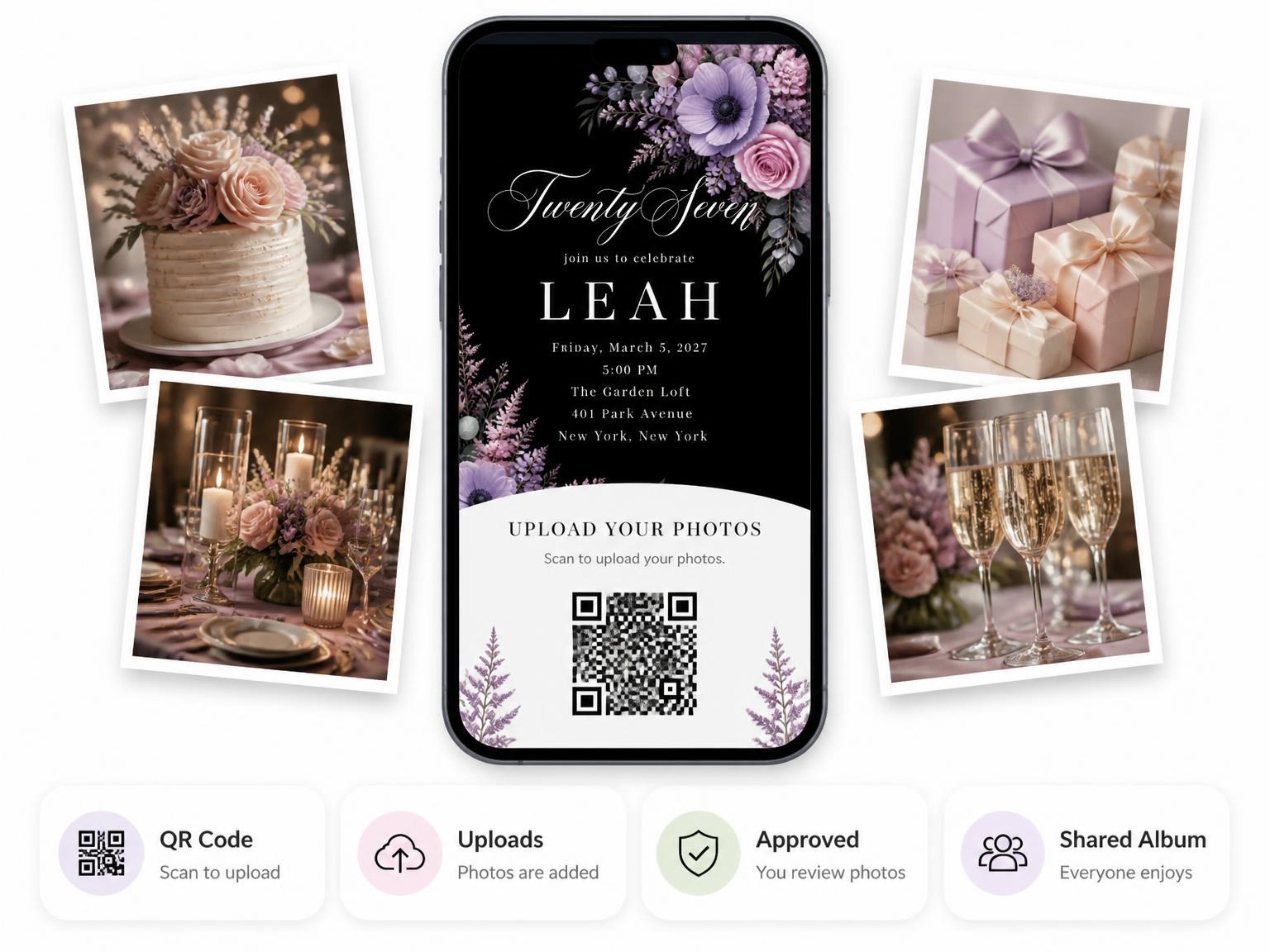The shared photo gallery that comes with the Black Floral 27th Birthday Invitation invitation