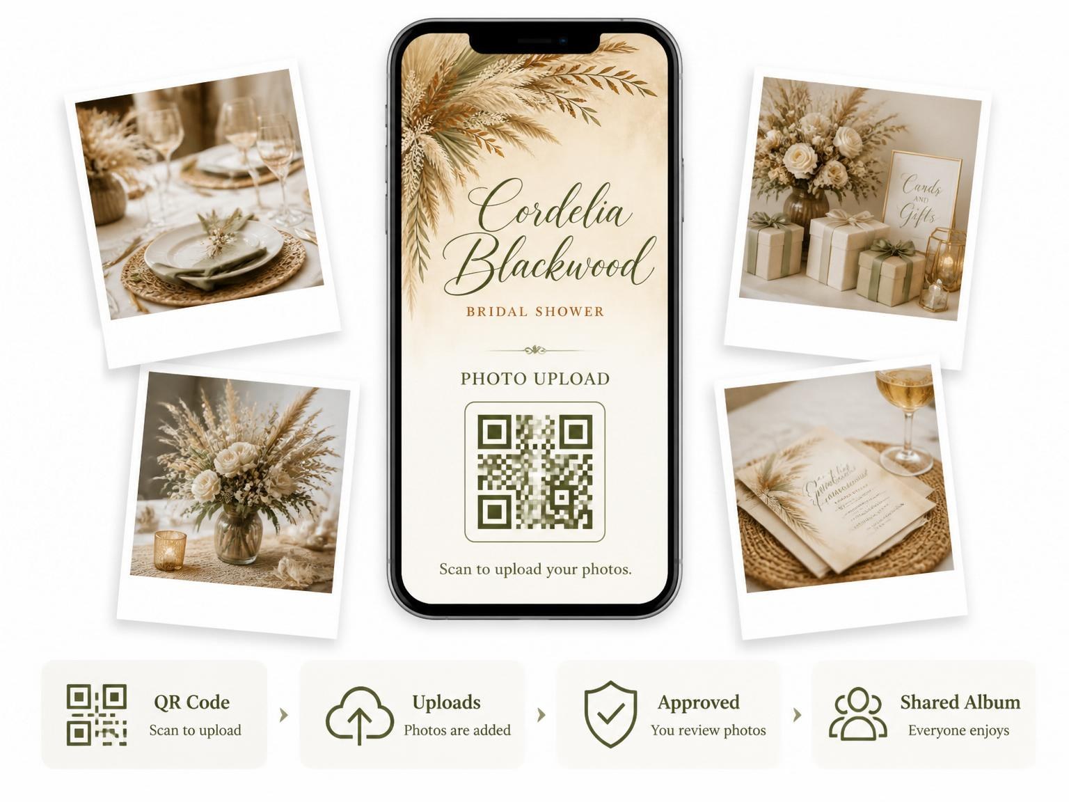 The shared photo gallery that comes with the Dried Pampas Grass Bridal Shower invitation