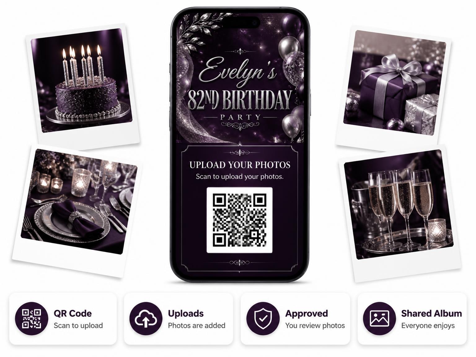 The shared photo gallery that comes with the Plum and Silver 82nd Birthday Invitation invitation
