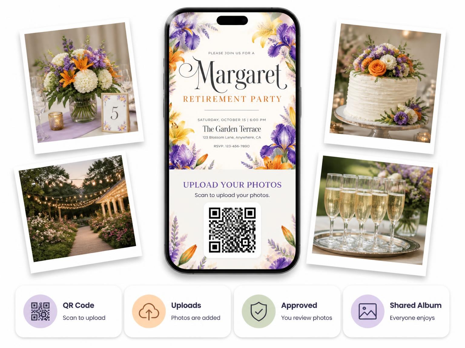 The shared photo gallery that comes with the Botanical Retirement Party Invitation invitation
