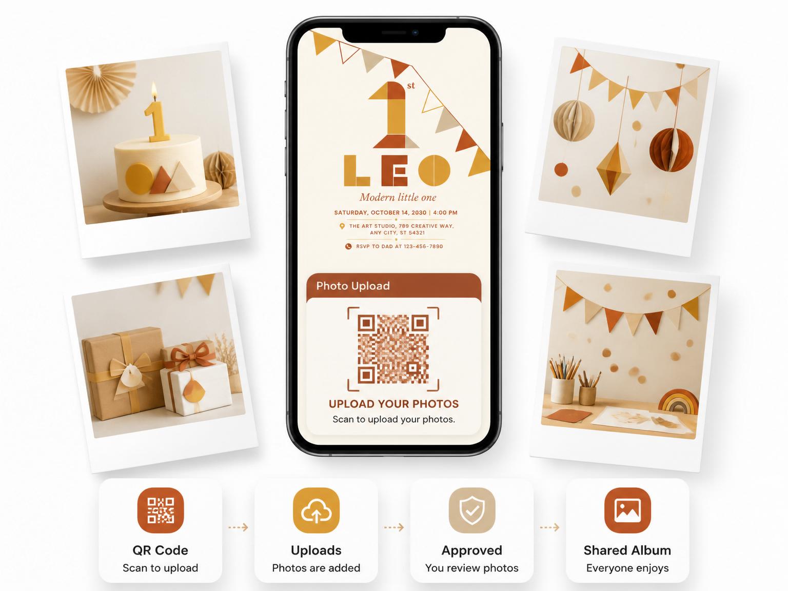 The shared photo gallery that comes with the 1st Birthday Digital Geometric Invitation invitation