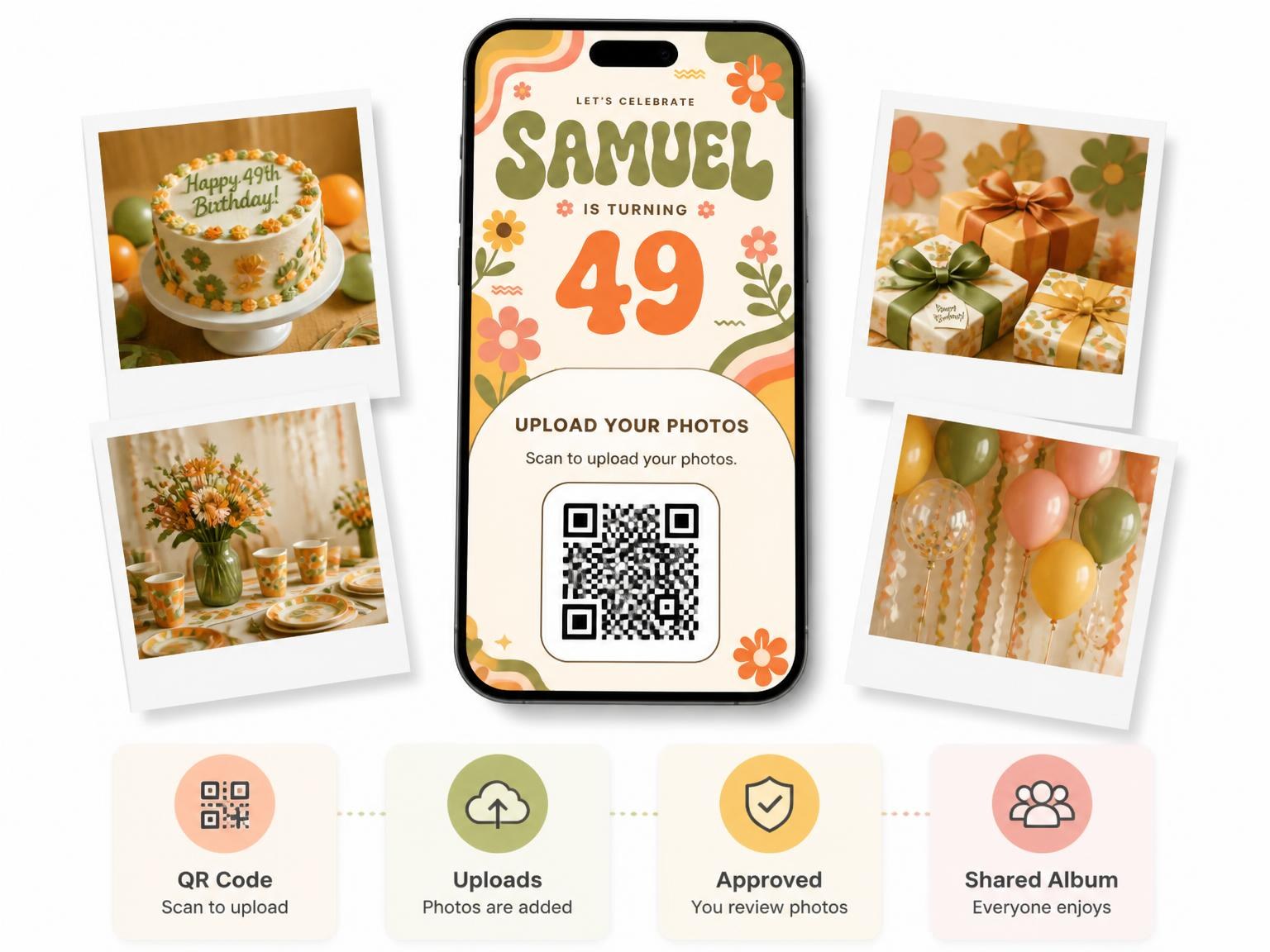 The shared photo gallery that comes with the Groovy Retro 49th Birthday Invitation invitation