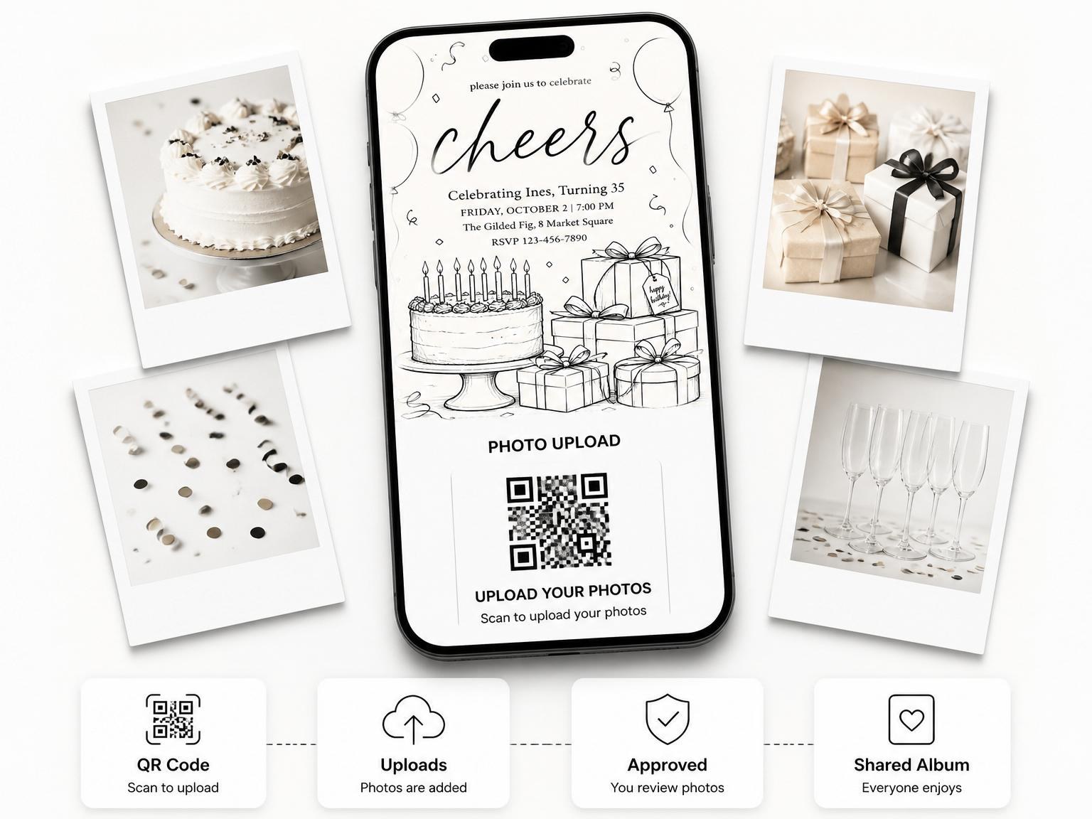 The shared photo gallery that comes with the Minimalist Ink Sketch 35th Birthday Invitation invitation