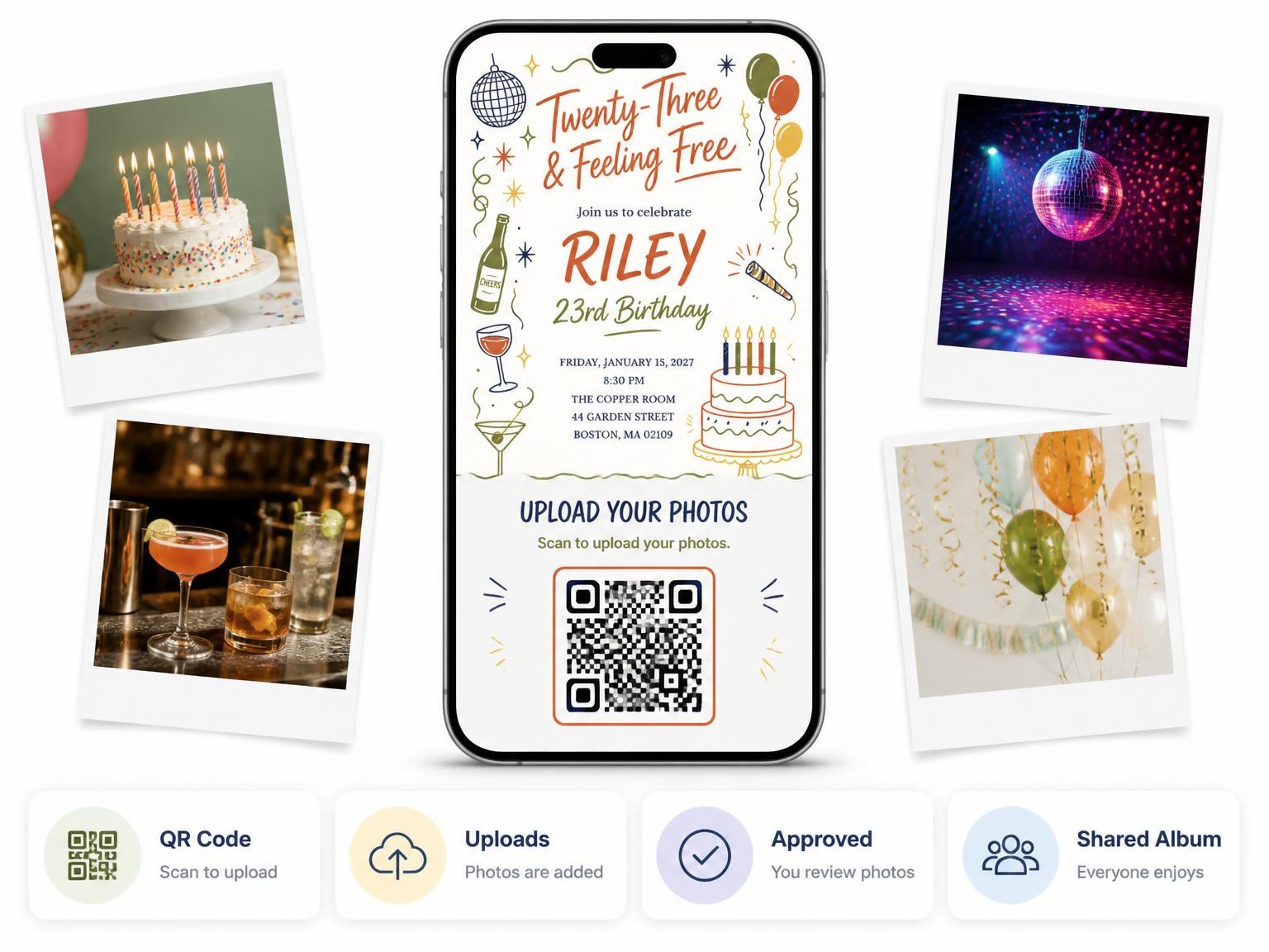The shared photo gallery that comes with the Retro Doodle 23rd Birthday Invitation invitation