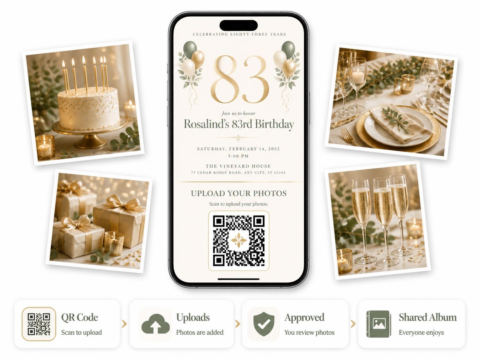 The shared photo gallery that comes with the Sage and Ivory 83rd Birthday Invitation invitation