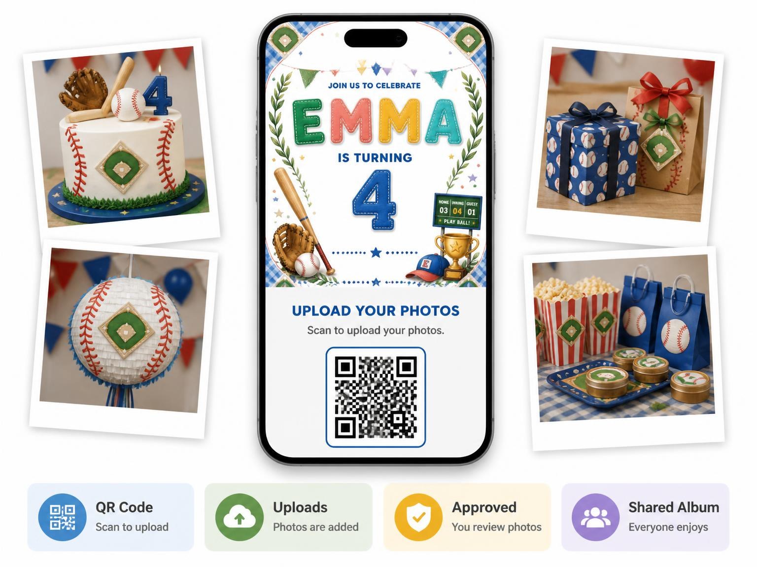 The shared photo gallery that comes with the Stitched Baseball 4th Birthday Invitation invitation