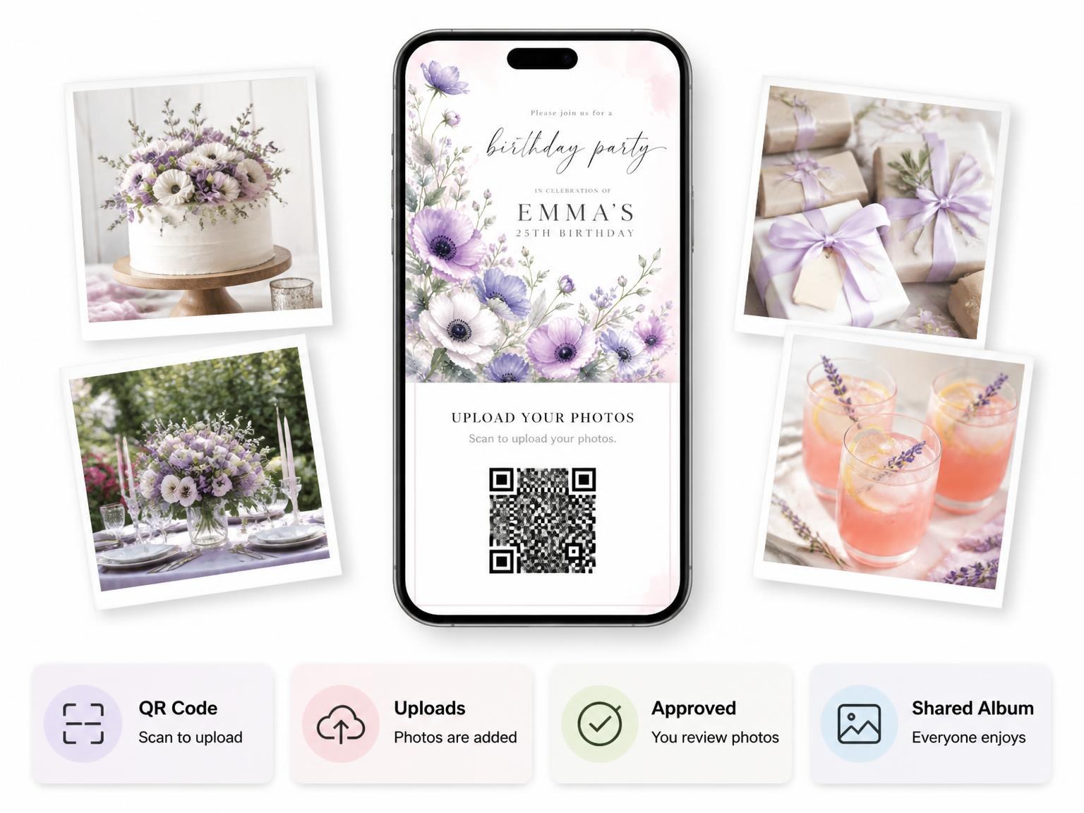 The shared photo gallery that comes with the Poppy Blossoms Lavender 25th Birthday Invitation invitation