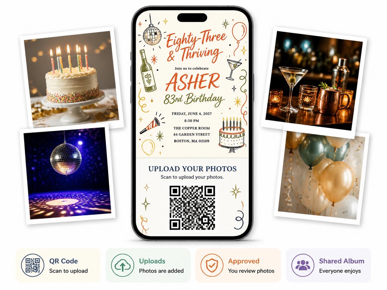 The shared photo gallery that comes with the Retro Doodle 83rd Birthday Invitation invitation