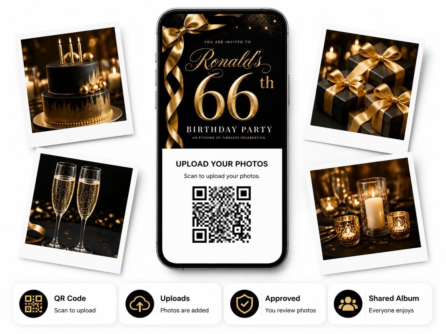 The shared photo gallery that comes with the Black and Gold Ribbon 66th Birthday invitation