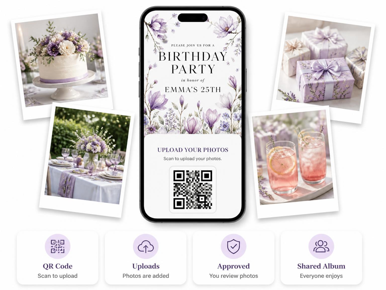 The shared photo gallery that comes with the Magnolia Garden Lavender 25th Birthday Invitation invitation