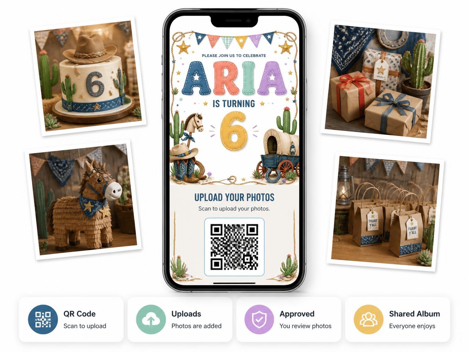 The shared photo gallery that comes with the Stitched Cowboy 6th Birthday Invitation invitation