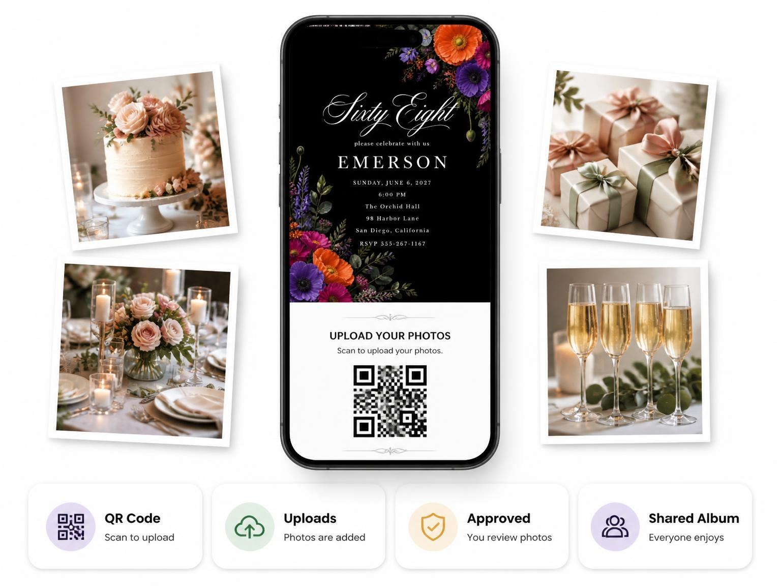 The shared photo gallery that comes with the Black Floral 68th Birthday Invitation invitation