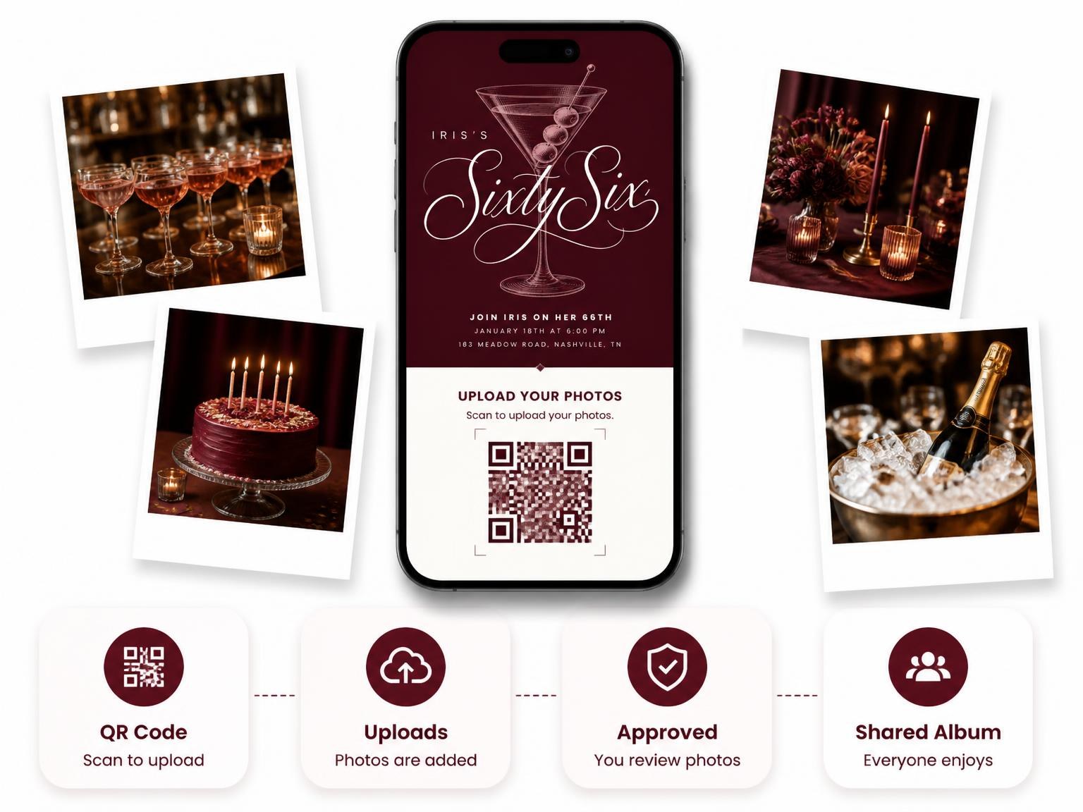 The shared photo gallery that comes with the Burgundy Cocktail 66th Birthday Invitation invitation