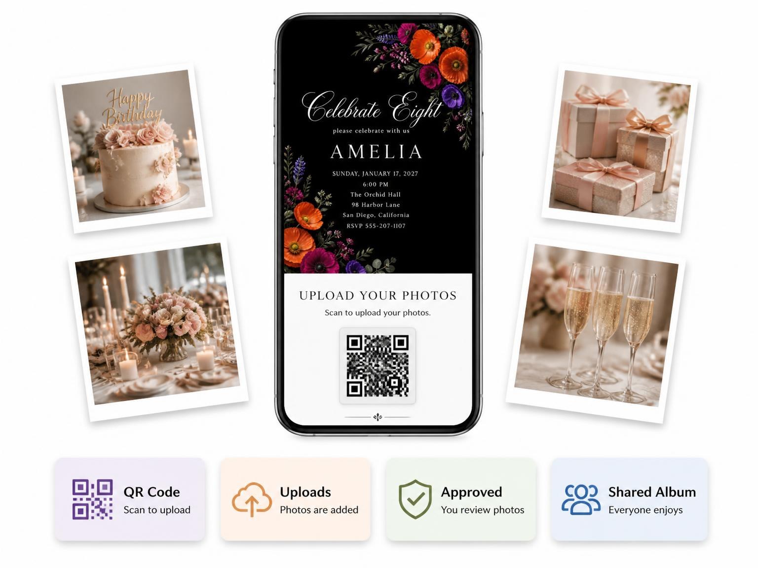 The shared photo gallery that comes with the Black Floral 8th Birthday Invitation invitation