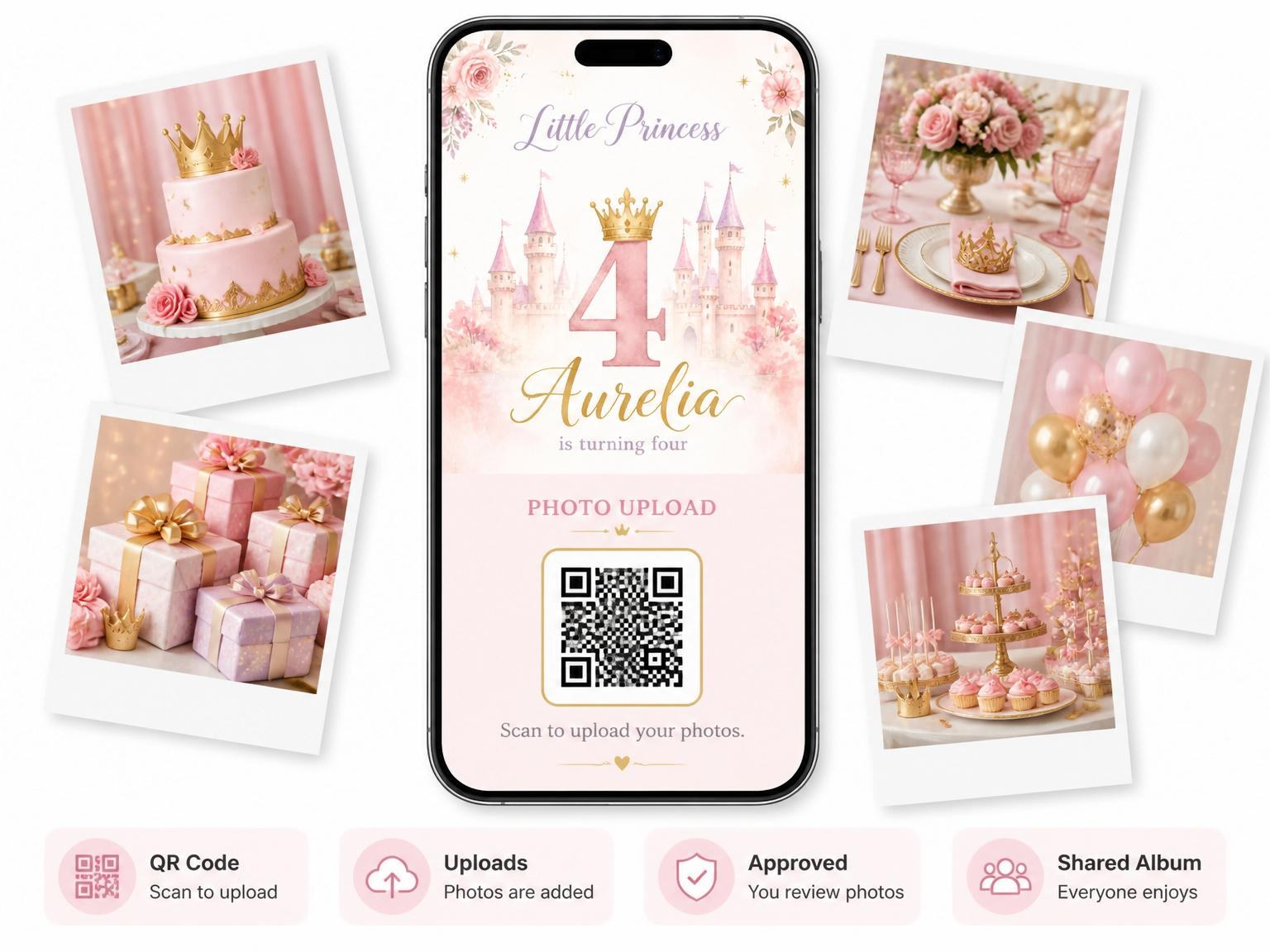 The shared photo gallery that comes with the Blush Watercolor Castle 4th Birthday Invitation invitation