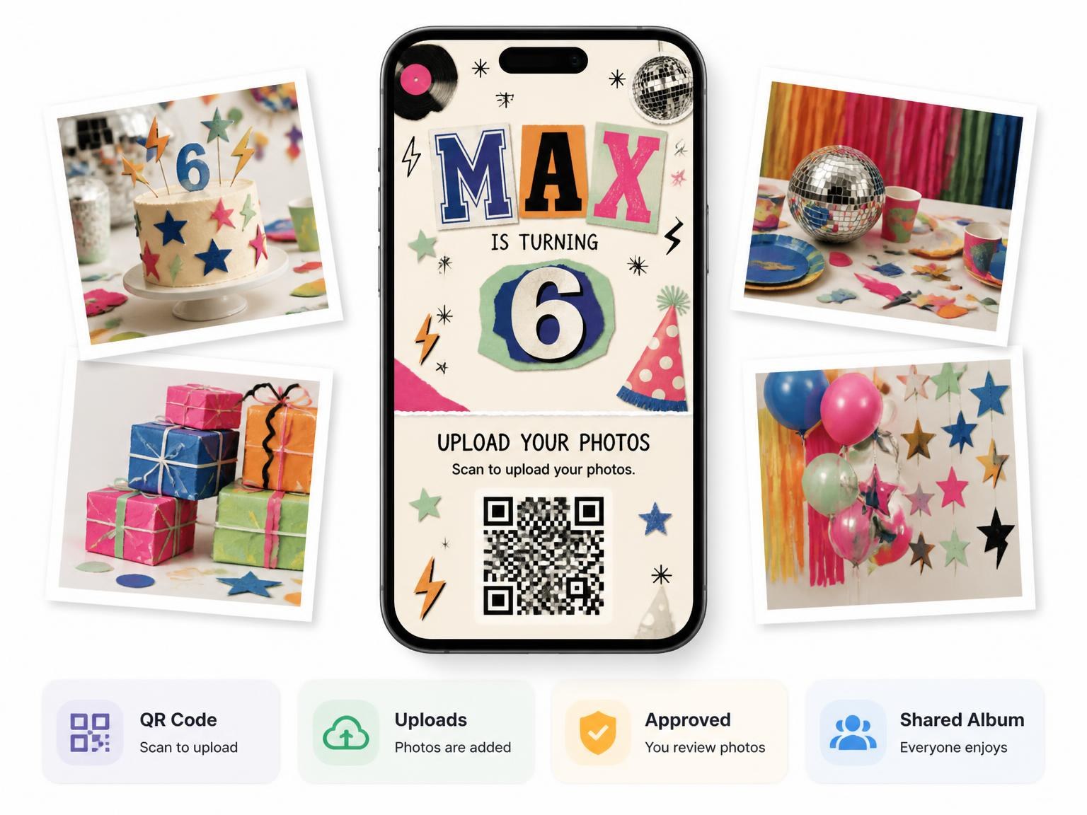 The shared photo gallery that comes with the Retro Paper Collage 6th Birthday Invitation invitation