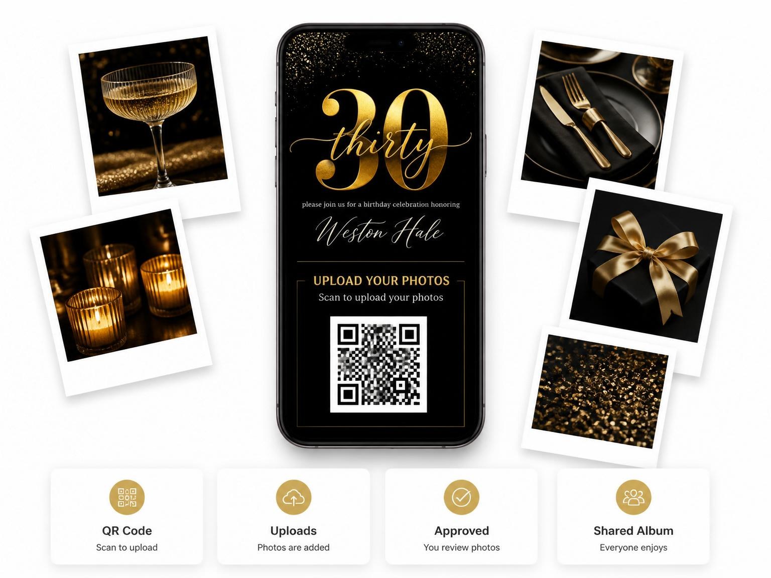 The shared photo gallery that comes with the Gold Foil Black 30th Birthday invitation