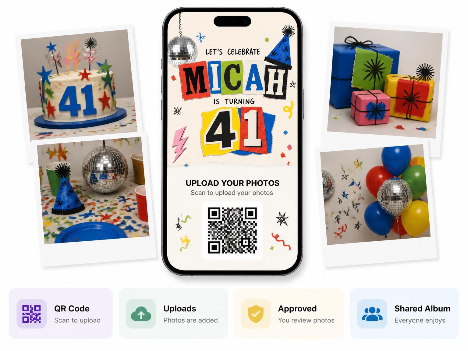 The shared photo gallery that comes with the Retro Paper Collage 41st Birthday Invitation invitation