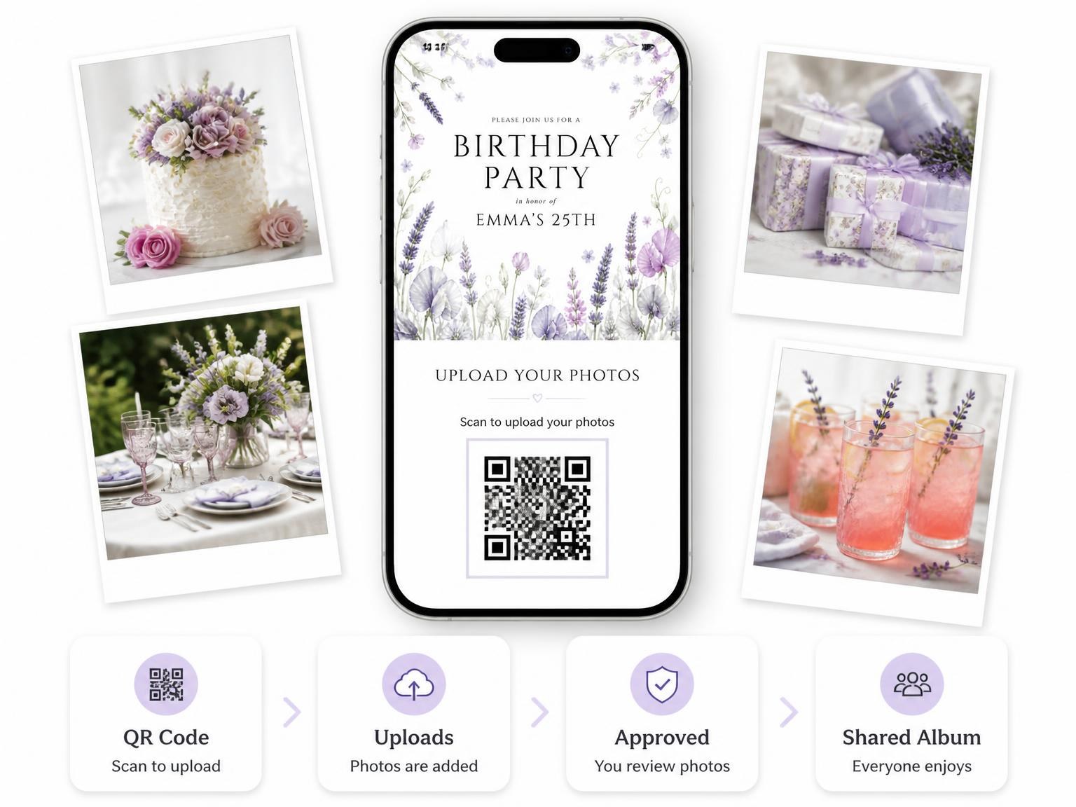 The shared photo gallery that comes with the Wildflowers Lavender 25th Birthday Invitation invitation