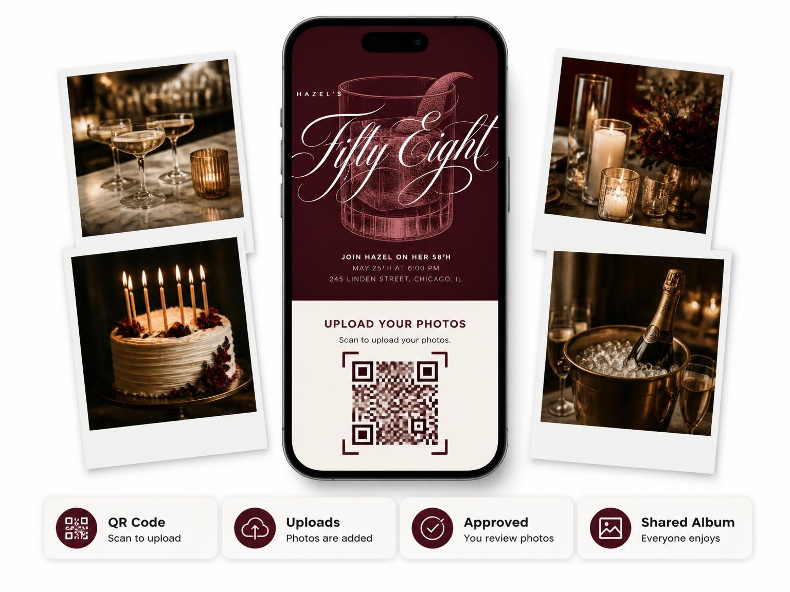 The shared photo gallery that comes with the Burgundy Cocktail 58th Birthday Invitation invitation