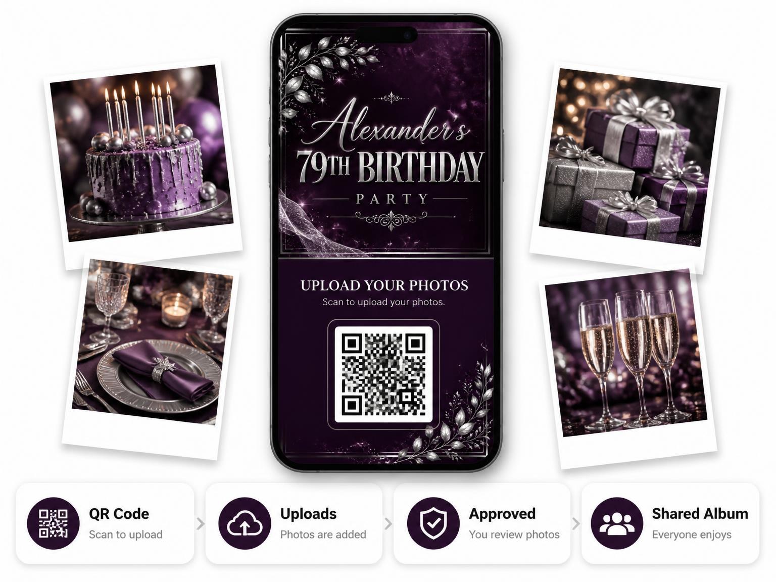 The shared photo gallery that comes with the Plum and Silver 79th Birthday Invitation invitation