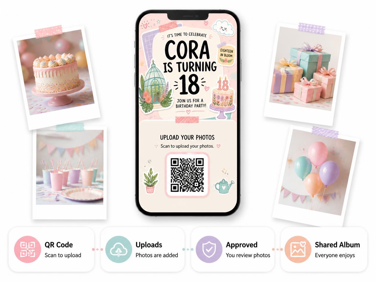 The shared photo gallery that comes with the Cake Pastel Scrapbook 18th Birthday Invitation invitation