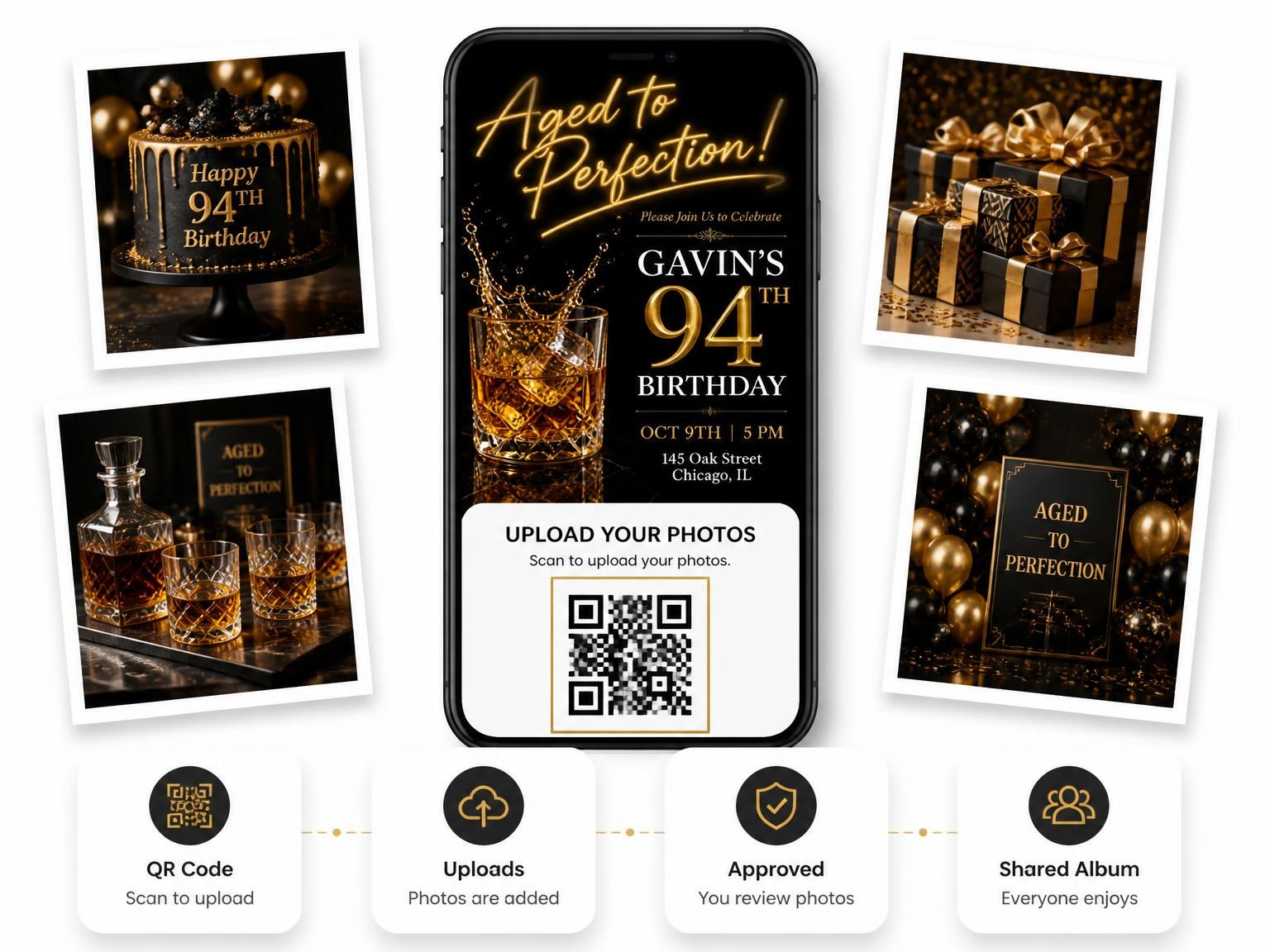 The shared photo gallery that comes with the Whiskey Glass 94th Birthday Invitation invitation