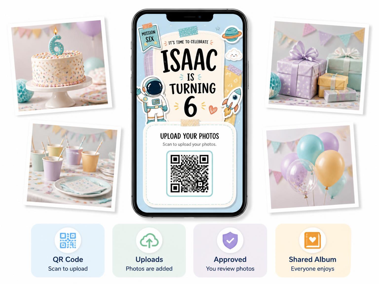 The shared photo gallery that comes with the Waving Astronaut Pastel 6th Birthday Invitation invitation