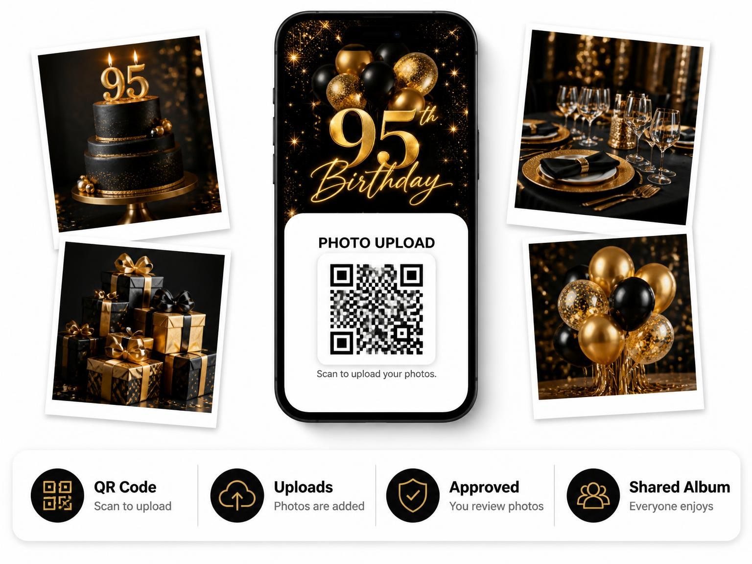 The shared photo gallery that comes with the Black and Gold Balloon 95th Birthday invitation
