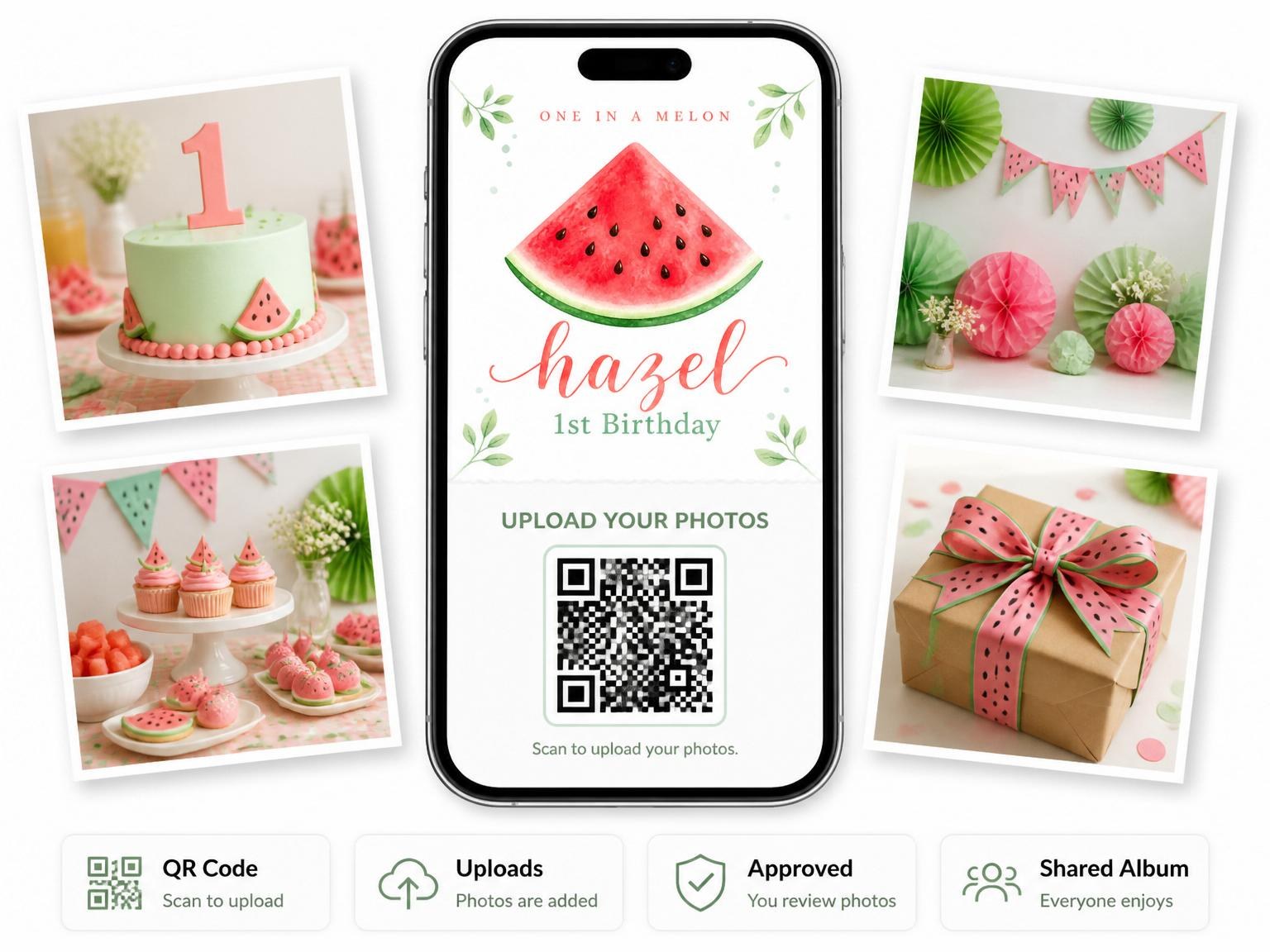 The shared photo gallery that comes with the Watercolor Watermelon 1st Birthday Invitation invitation