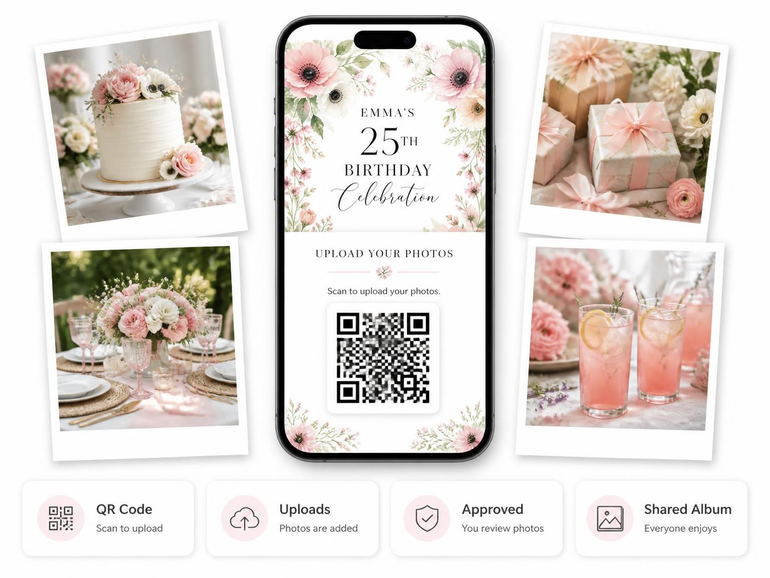 The shared photo gallery that comes with the Anemones Greenery Blush 25th Birthday Invitation invitation