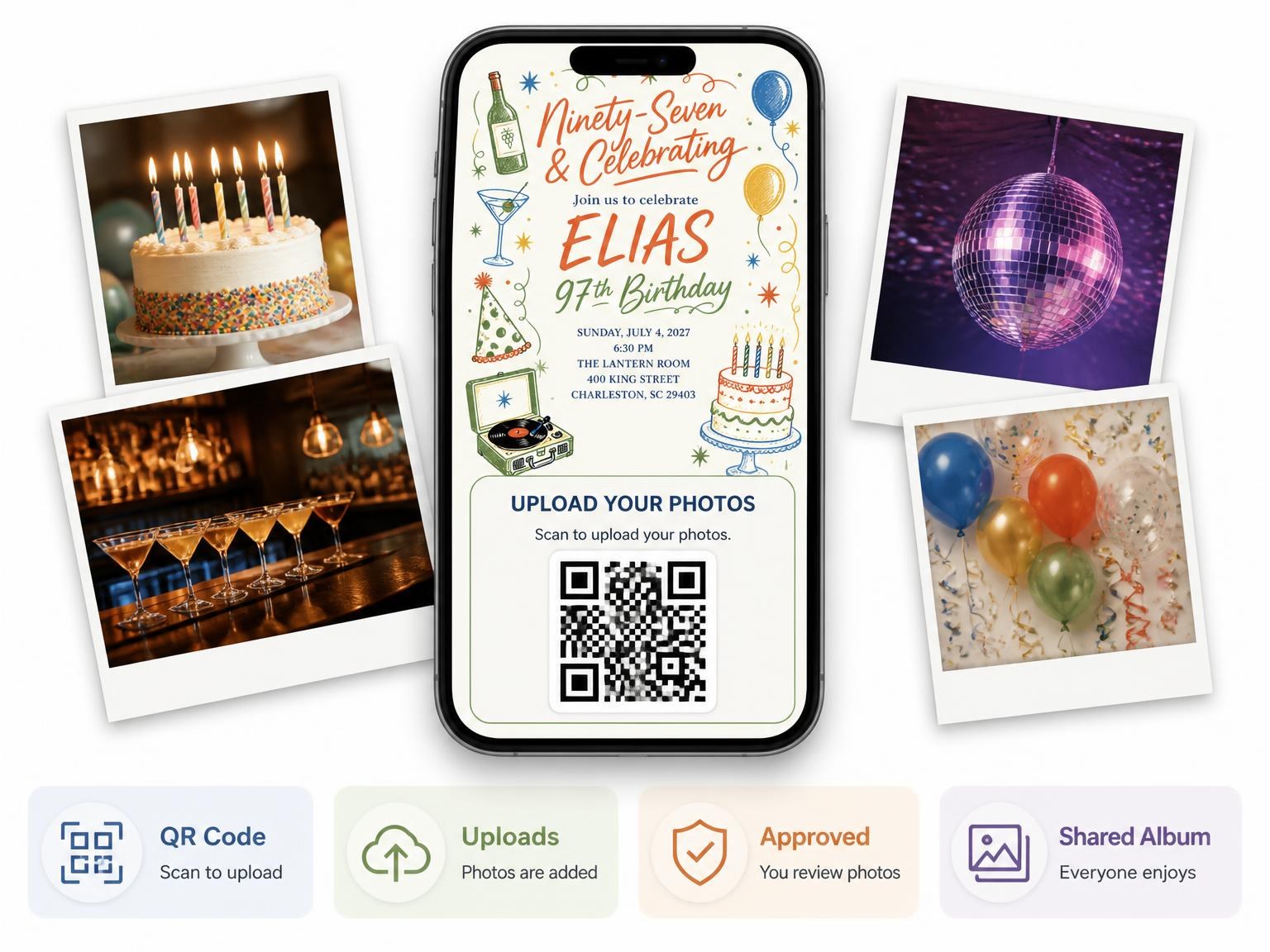 The shared photo gallery that comes with the Retro Doodle 97th Birthday Invitation invitation